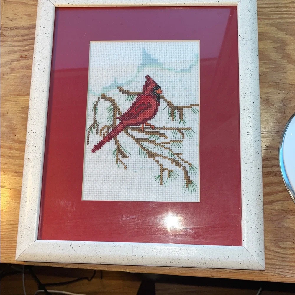Framed Cardinal Bird Winter Evergreen‎ Cross-Stitch Art 8.5x11”